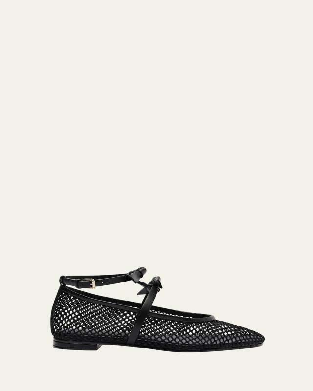 Slim Clarita Bow-Strap Fishnet Ballerina Flats